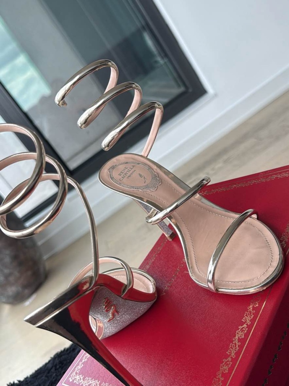 René Caovilla Cleo Metallic Spiral Strap High Heel Sandals